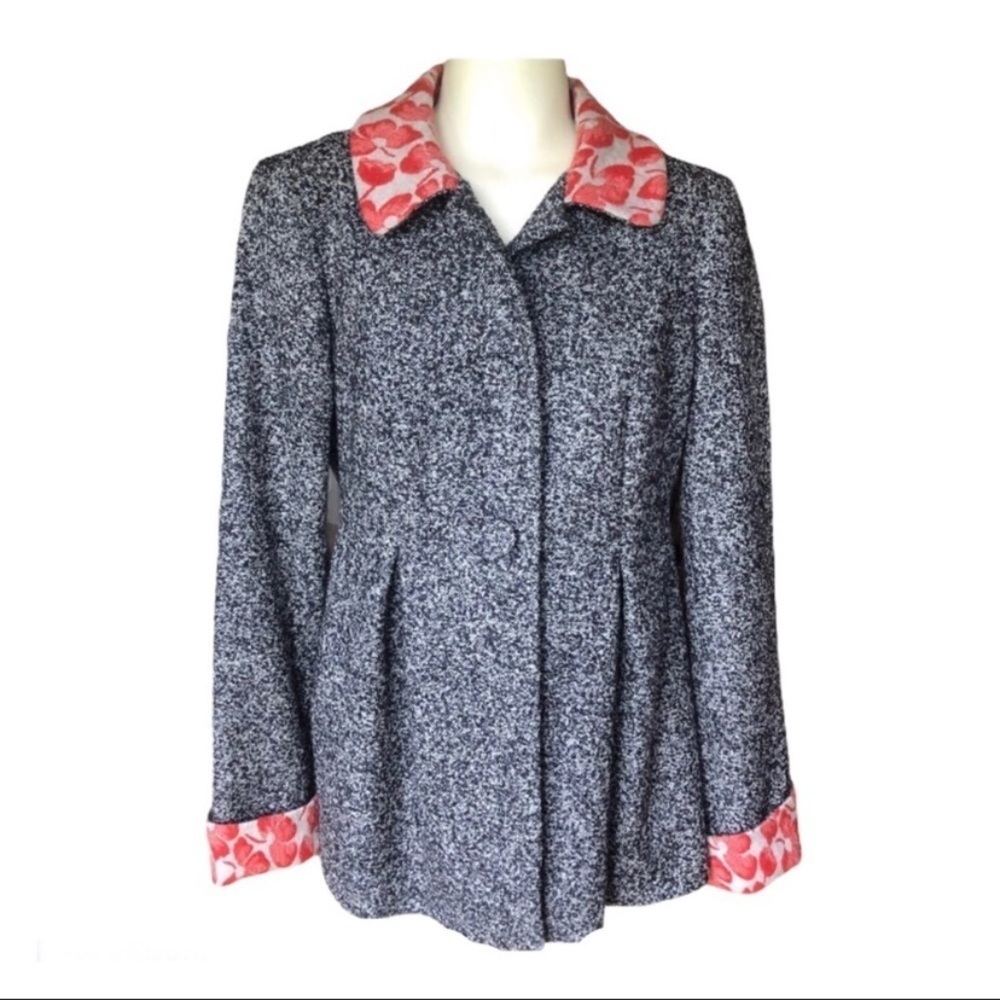 Agnes B. Paris Women’s Wool Blend Tweed Coat With Floral Accent  Cuffs Size 38